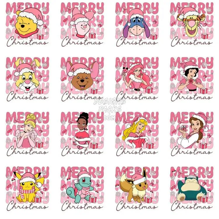 30 Mixed Cartoon Merry Christmas Pink Designs Bundle PNG