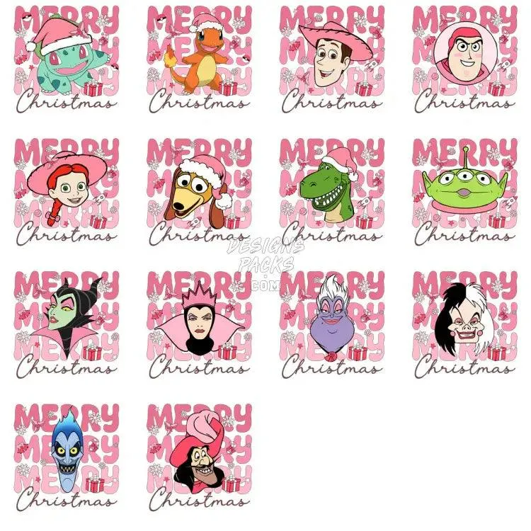 30 Mixed Cartoon Merry Christmas Pink Designs Bundle PNG
