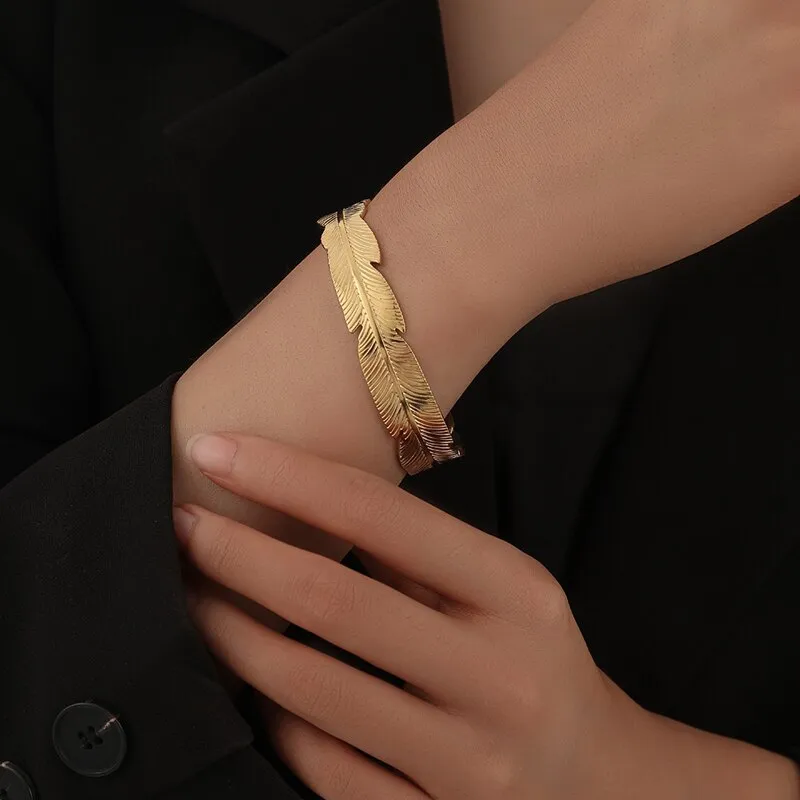 316L Stainless Steel Leaf Feather Bangle For Women