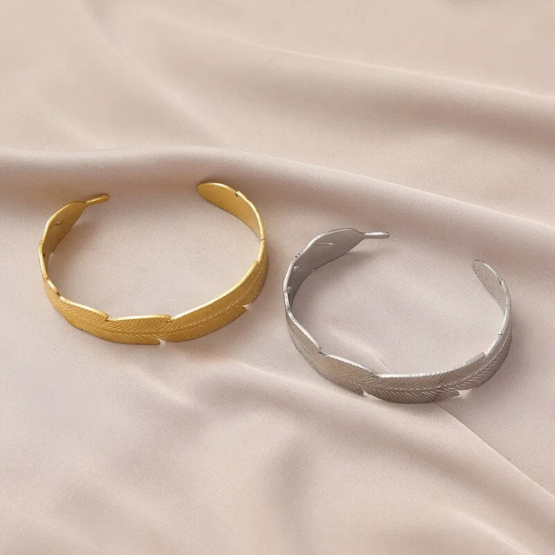 316L Stainless Steel Leaf Feather Bangle For Women