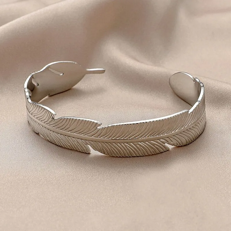 316L Stainless Steel Leaf Feather Bangle For Women
