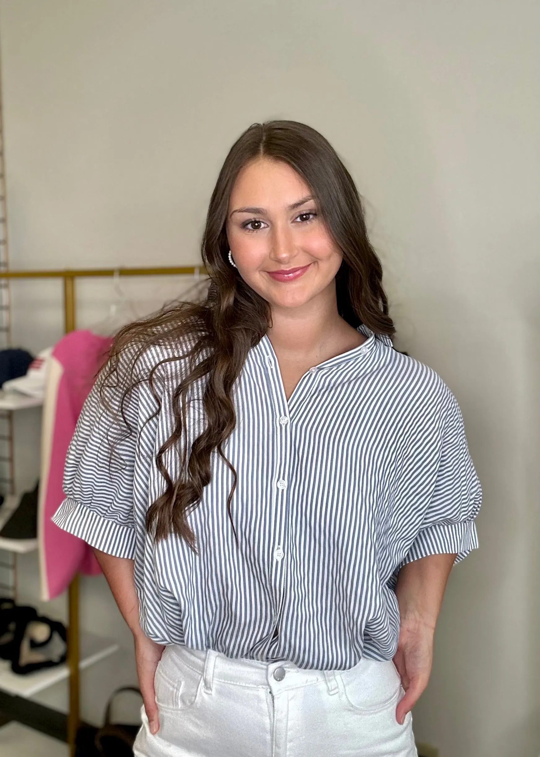Blue stripe high low shirt