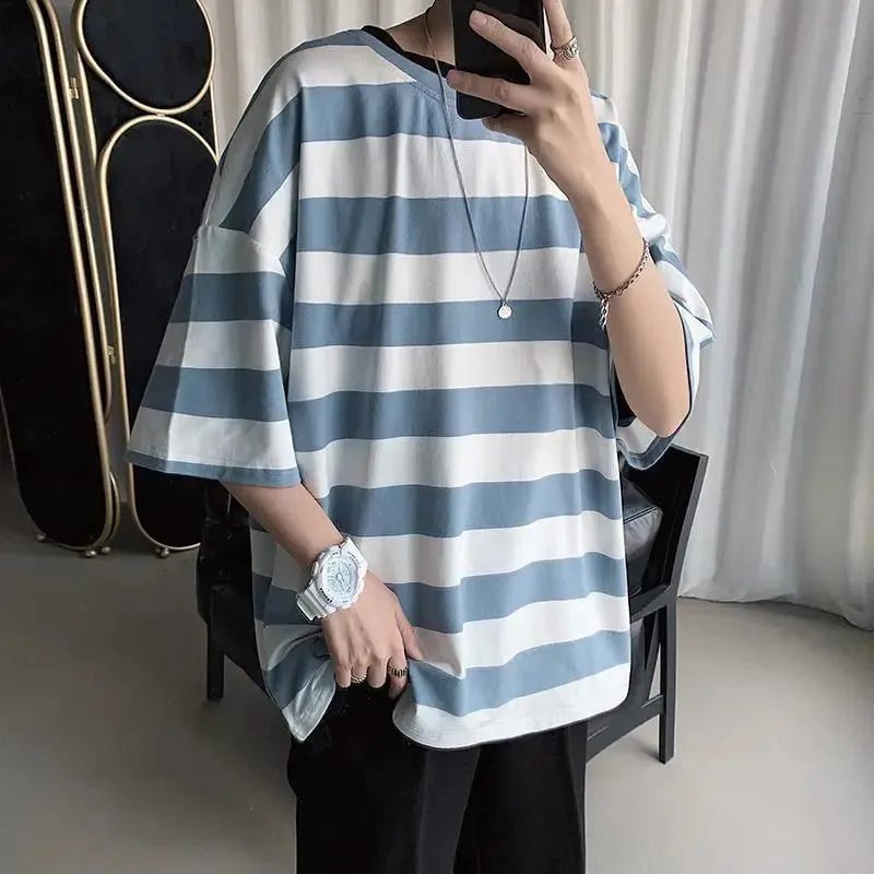 BONSIR  -  Printing Round Neck Spring Summer T-Shirts Simplicity Striped Handsome Short Sleeve Pullovers Loose Streetwear Men's Clothing