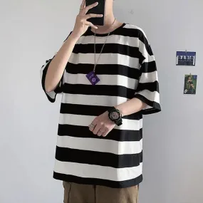 BONSIR  -  Printing Round Neck Spring Summer T-Shirts Simplicity Striped Handsome Short Sleeve Pullovers Loose Streetwear Men's Clothing