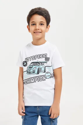 Boys White Hot Speed Car Chest Print Short Sleeve T-Shirt