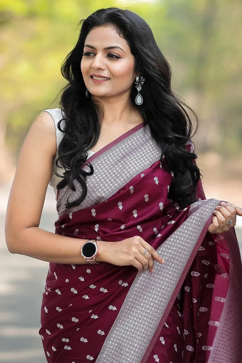 Capricious Wine Cotton Silk Saree With Adorning Blouse Piece