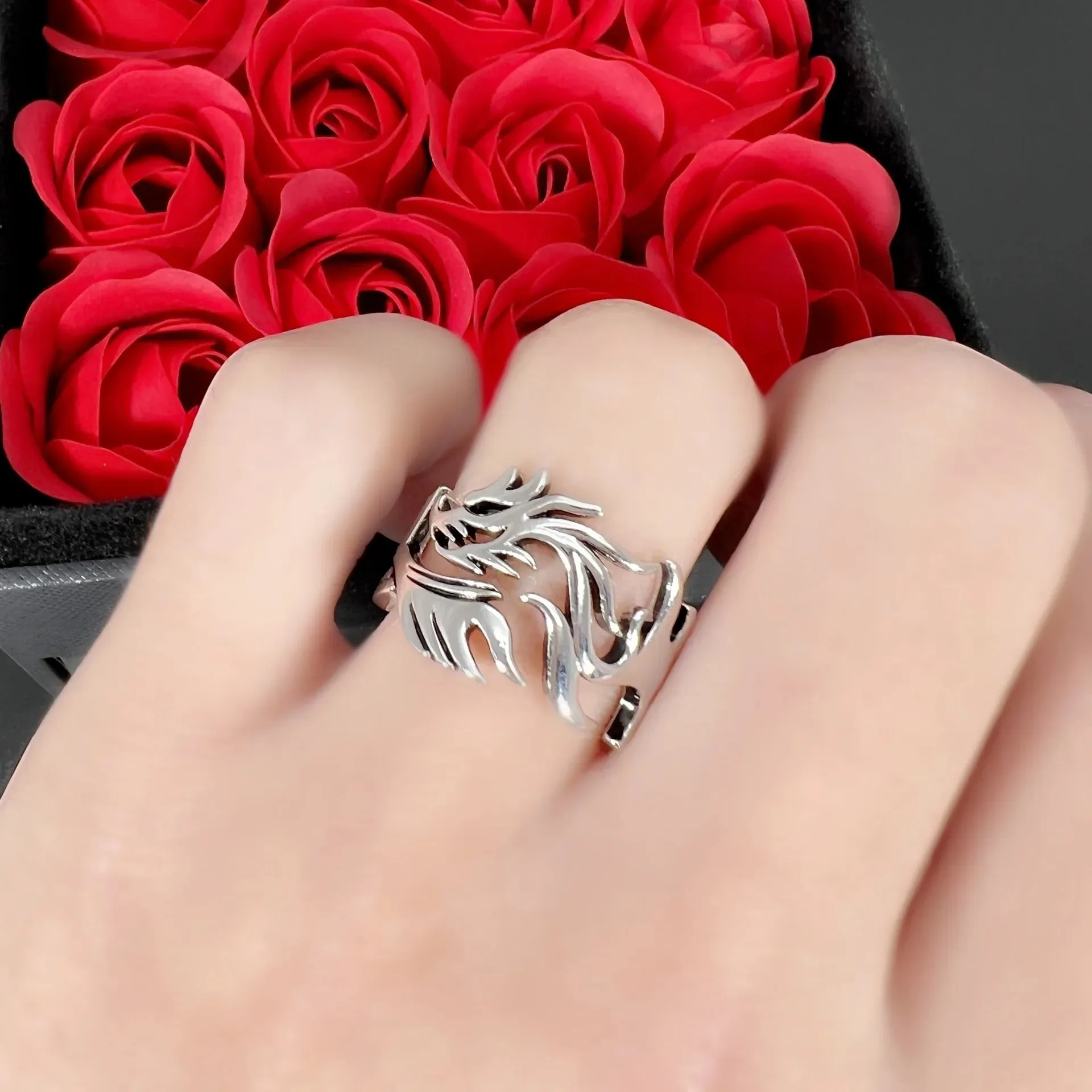 European And American Fashion, Personalized And Versatile, Domineering Flame Dragon Pattern Open Ring, Male Trend Hip-Hop Single