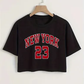 Funny Print T-Shirt New York Letter Print Crop Top for Women