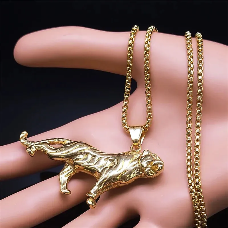Hip Hop Animal Tiger Pendant Necklace Stainless Steel Gold Color Men's Chain Necklaces