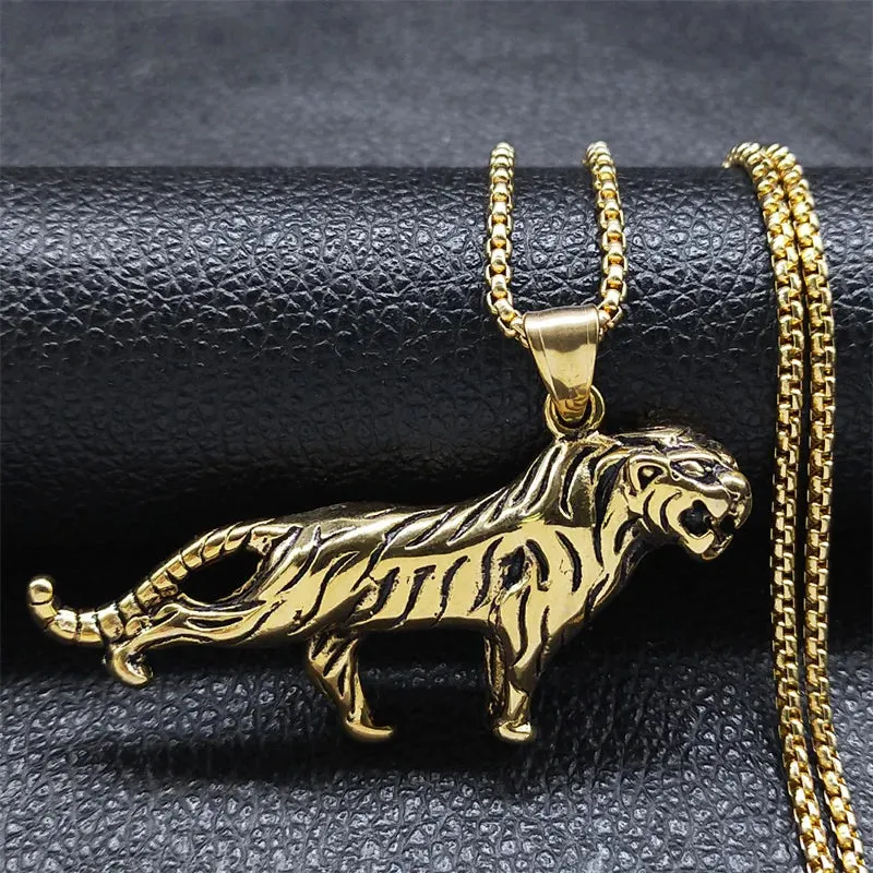 Hip Hop Animal Tiger Pendant Necklace Stainless Steel Gold Color Men's Chain Necklaces