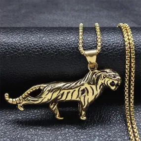 Hip Hop Animal Tiger Pendant Necklace Stainless Steel Gold Color Men's Chain Necklaces