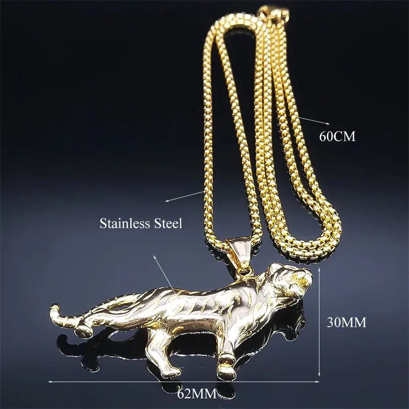 Hip Hop Animal Tiger Pendant Necklace Stainless Steel Gold Color Men's Chain Necklaces