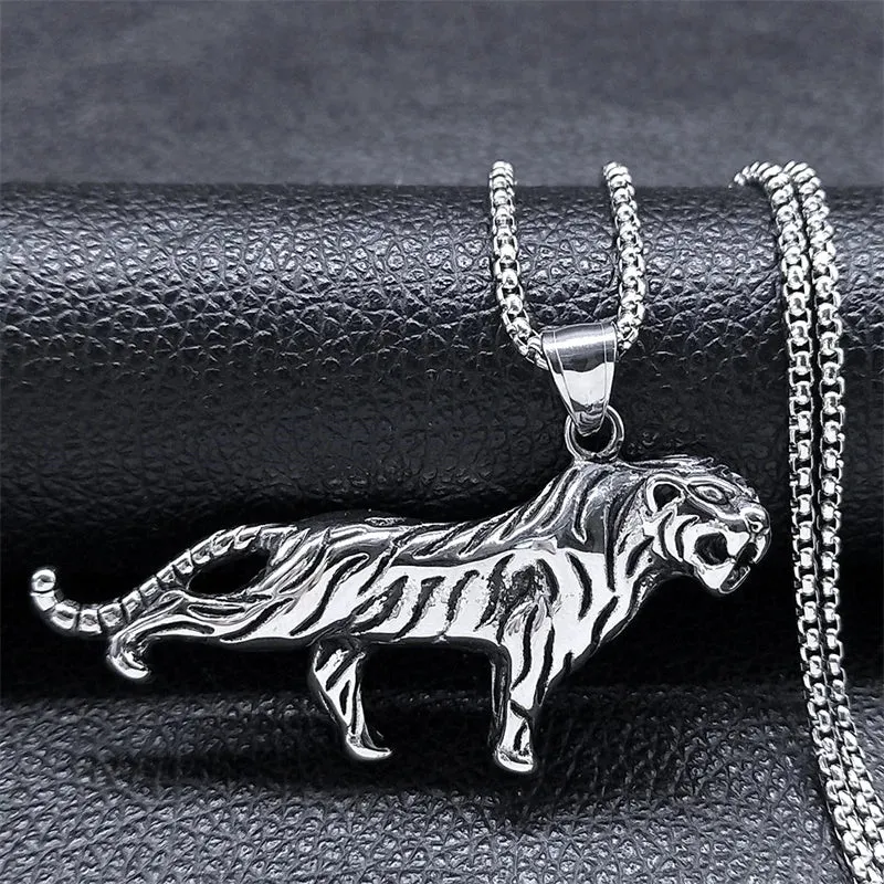 Hip Hop Animal Tiger Pendant Necklace Stainless Steel Gold Color Men's Chain Necklaces