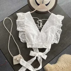 Hollow Lace-Up Halter Navel Western Style Women's Top