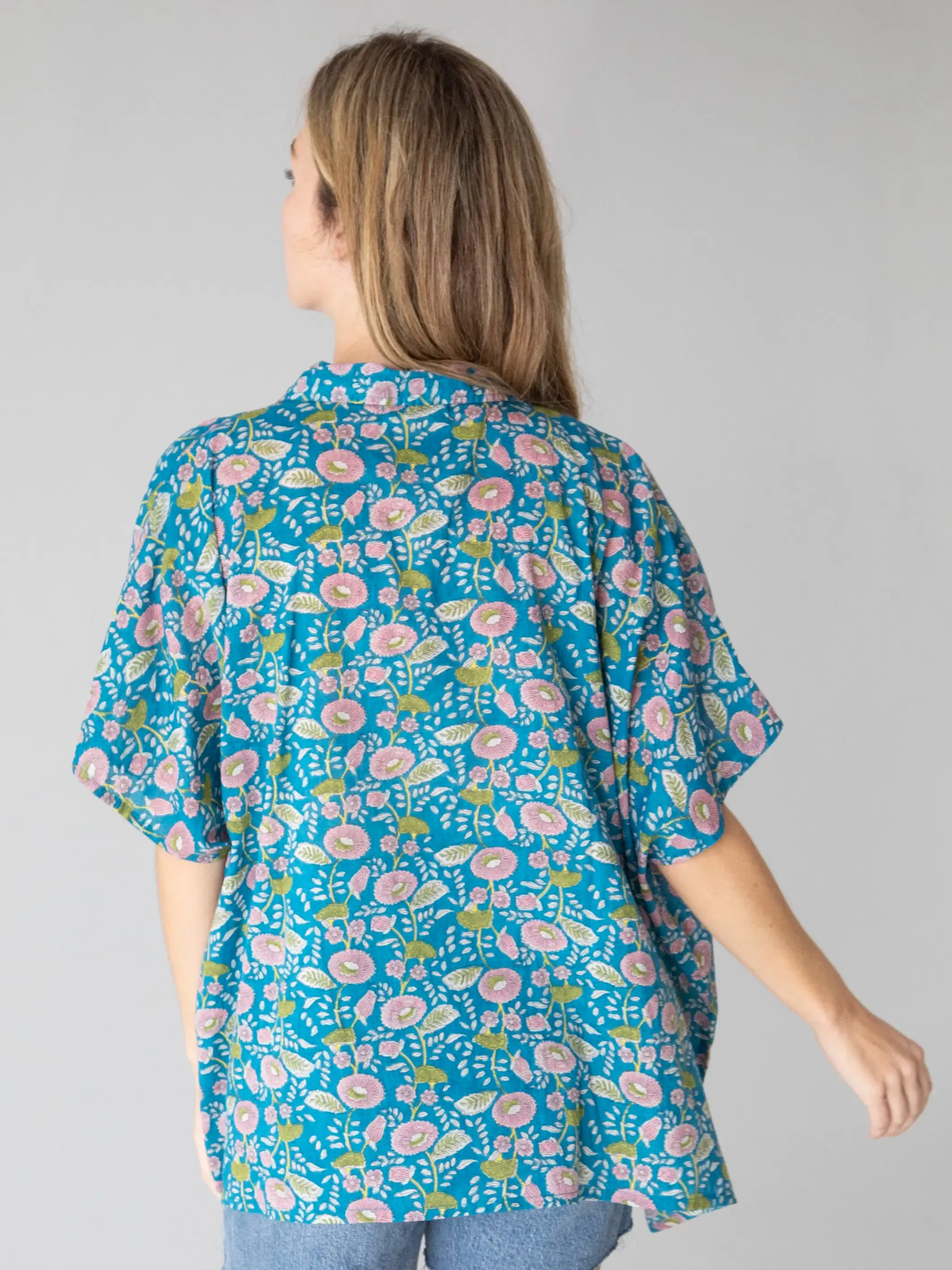 Kelly Oversized Cotton Button Down - Blue Pink Floral Vines