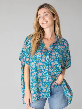 Kelly Oversized Cotton Button Down - Blue Pink Floral Vines