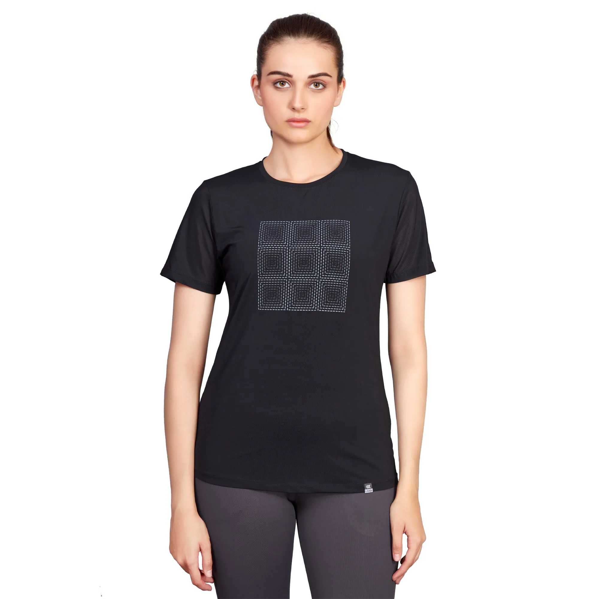 LOOSE FIT BLACK PRINTED AIRY MESH RUNNING TEE