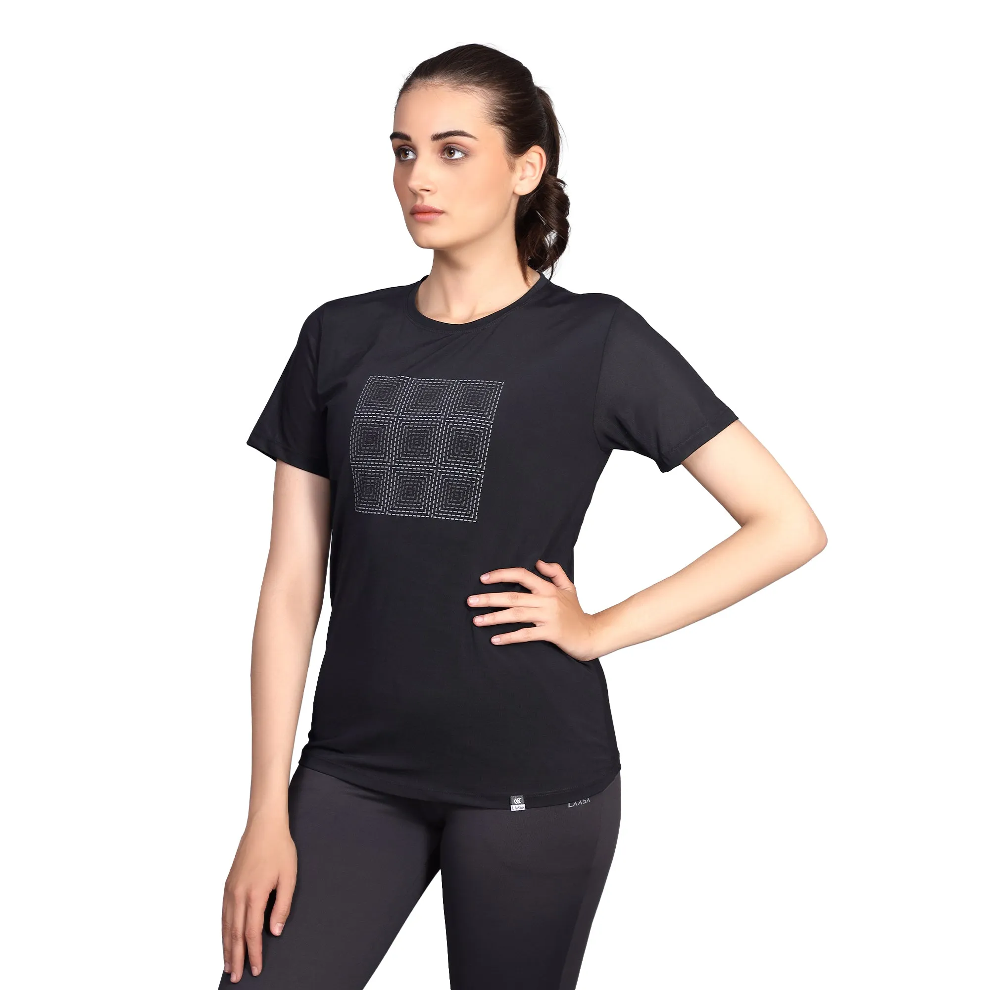 LOOSE FIT BLACK PRINTED AIRY MESH RUNNING TEE
