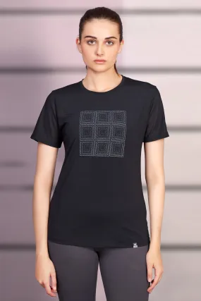 LOOSE FIT BLACK PRINTED AIRY MESH RUNNING TEE