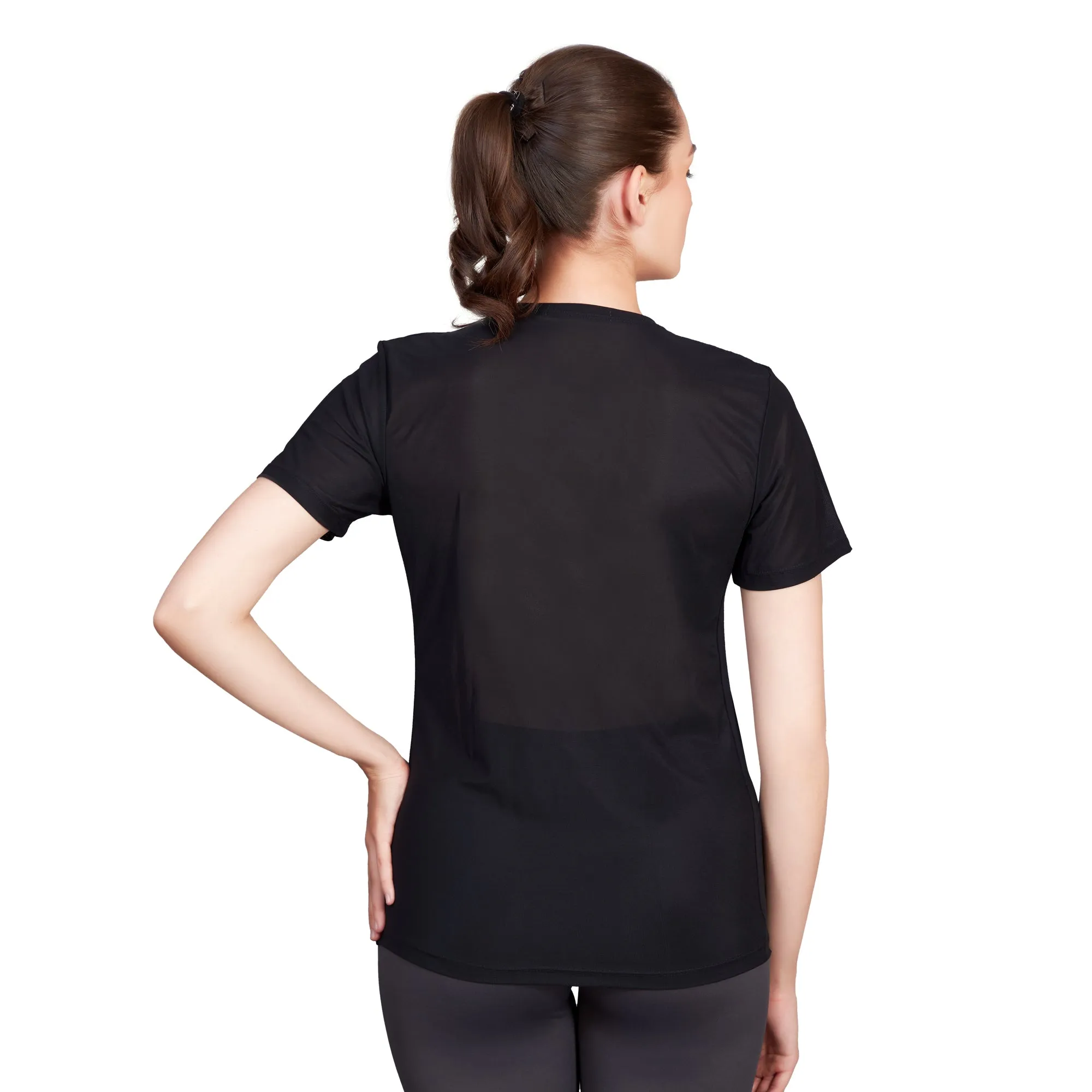LOOSE FIT BLACK PRINTED AIRY MESH RUNNING TEE