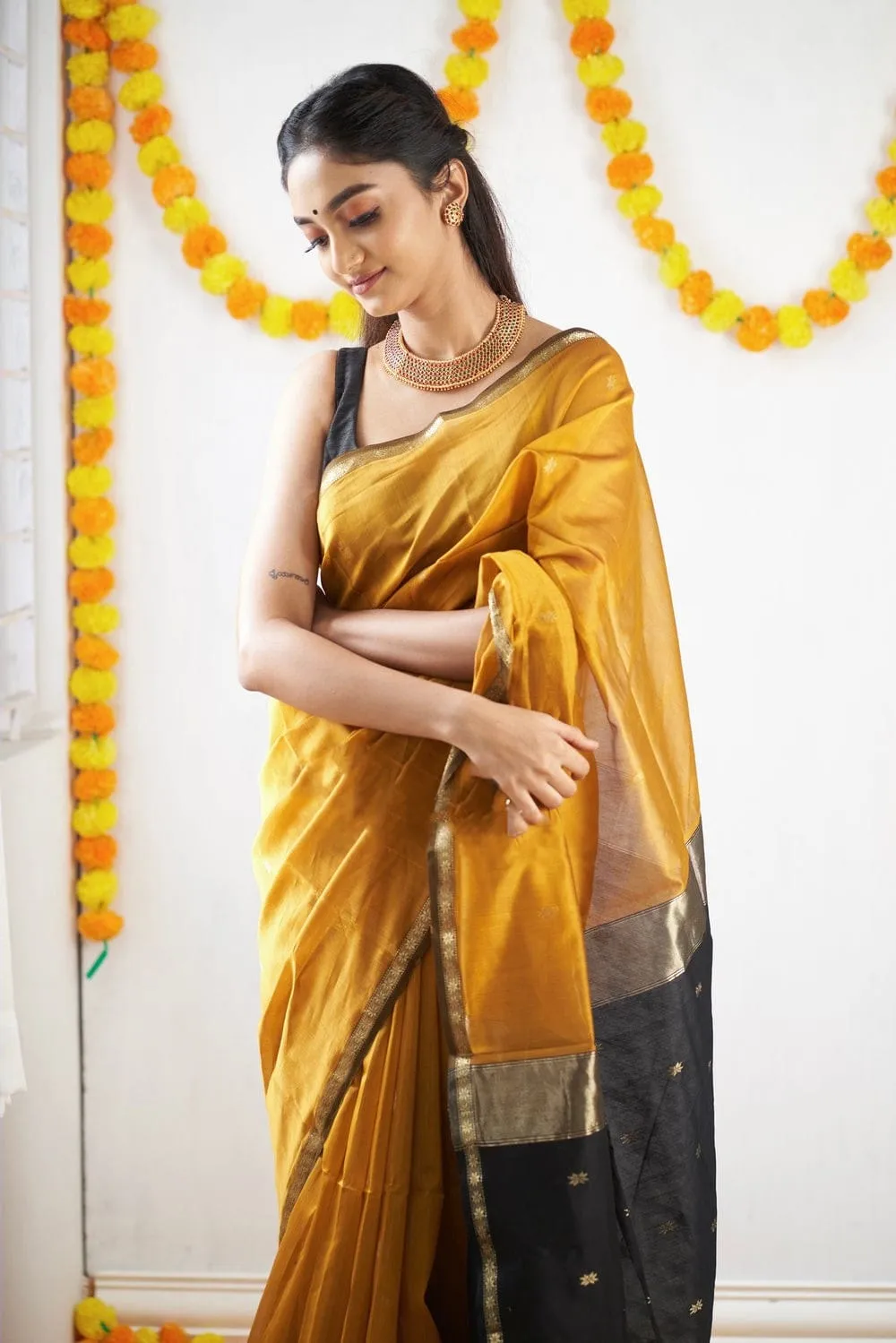 Magnificat  Mustard Cotton Silk Saree With Imbrication Blouse Piece