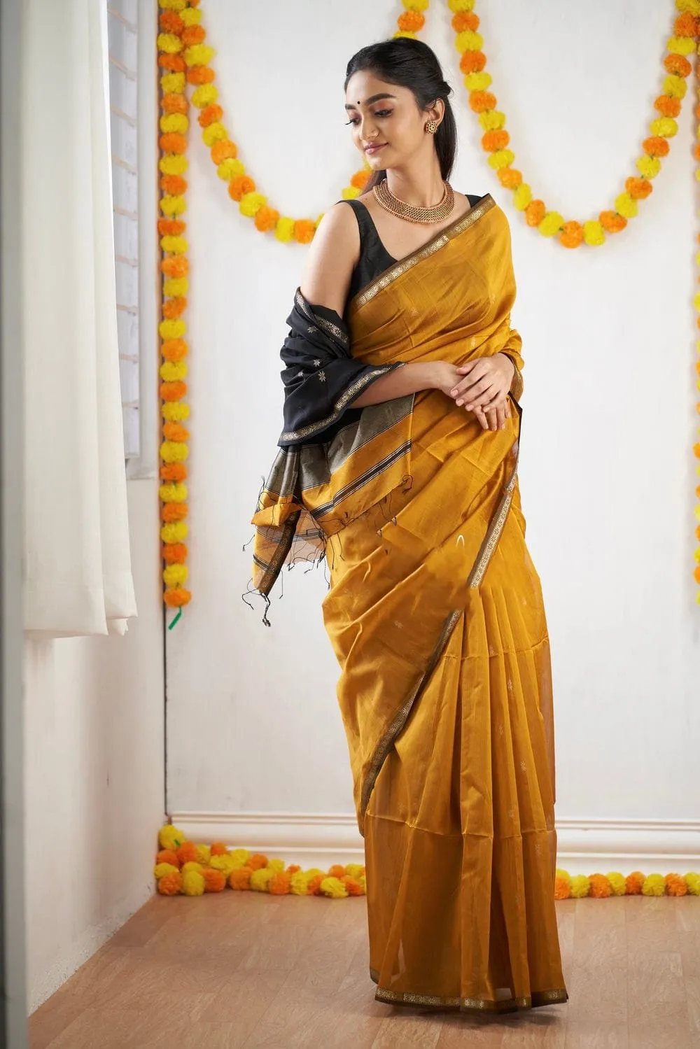 Magnificat  Mustard Cotton Silk Saree With Imbrication Blouse Piece