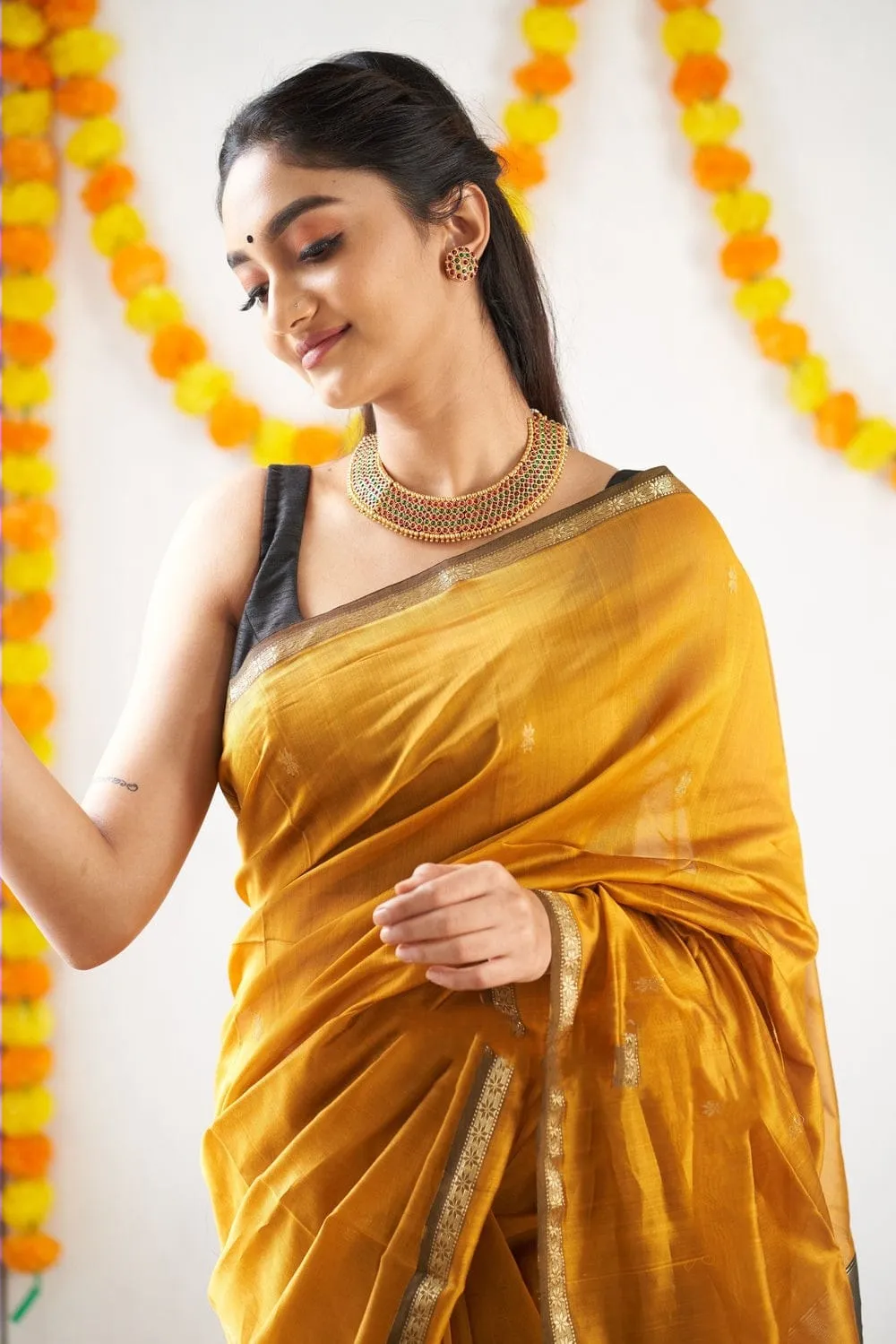 Magnificat  Mustard Cotton Silk Saree With Imbrication Blouse Piece