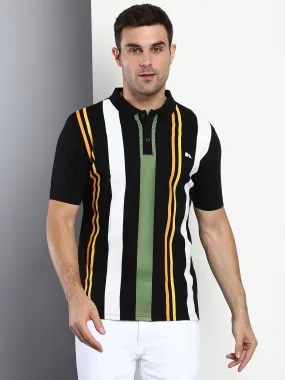 Men's Casual Slim Fit Polo Neck T-Shirt Half Sleeves Striped Pure Cotton T-Shirt