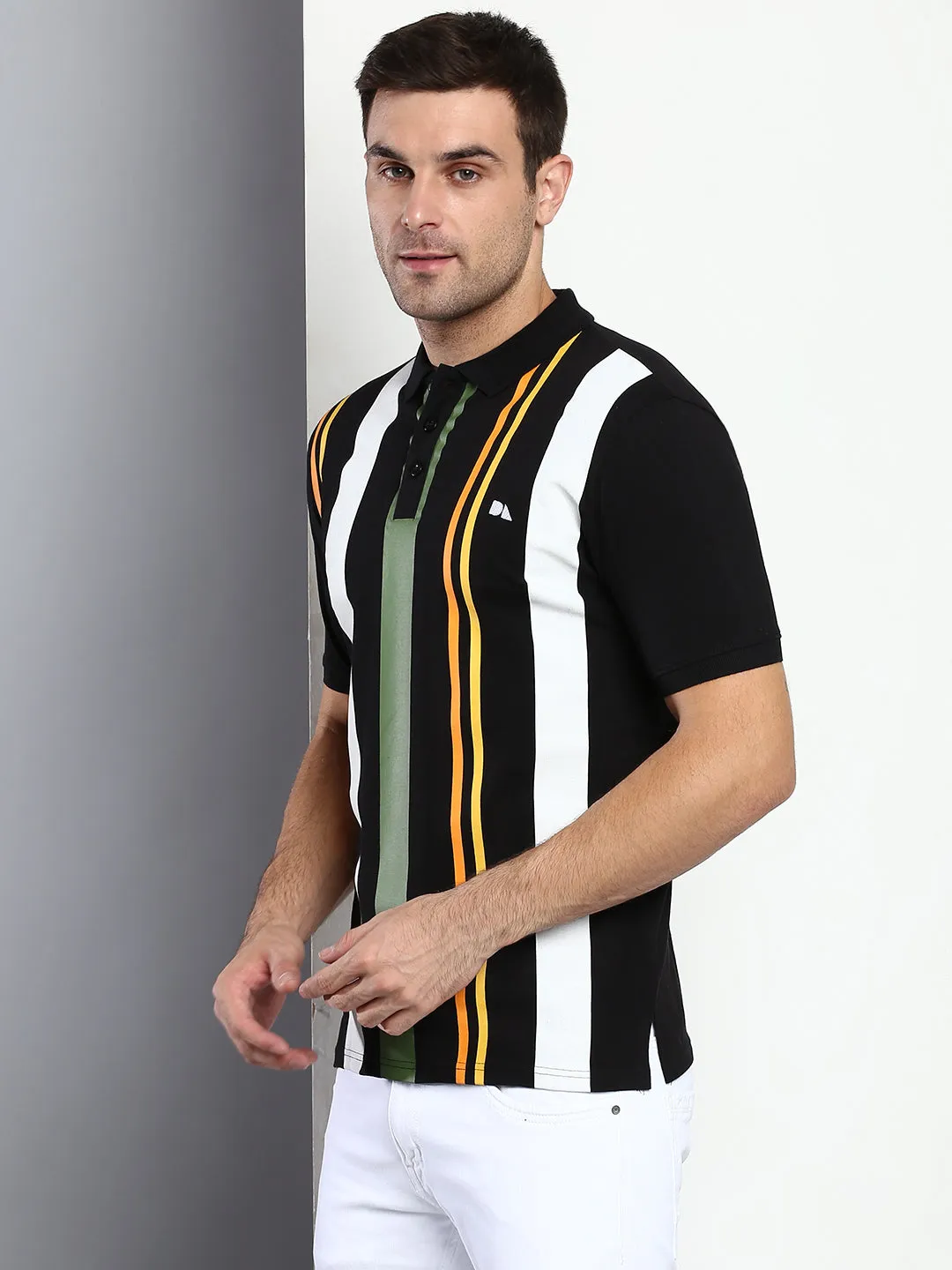 Men's Casual Slim Fit Polo Neck T-Shirt Half Sleeves Striped Pure Cotton T-Shirt