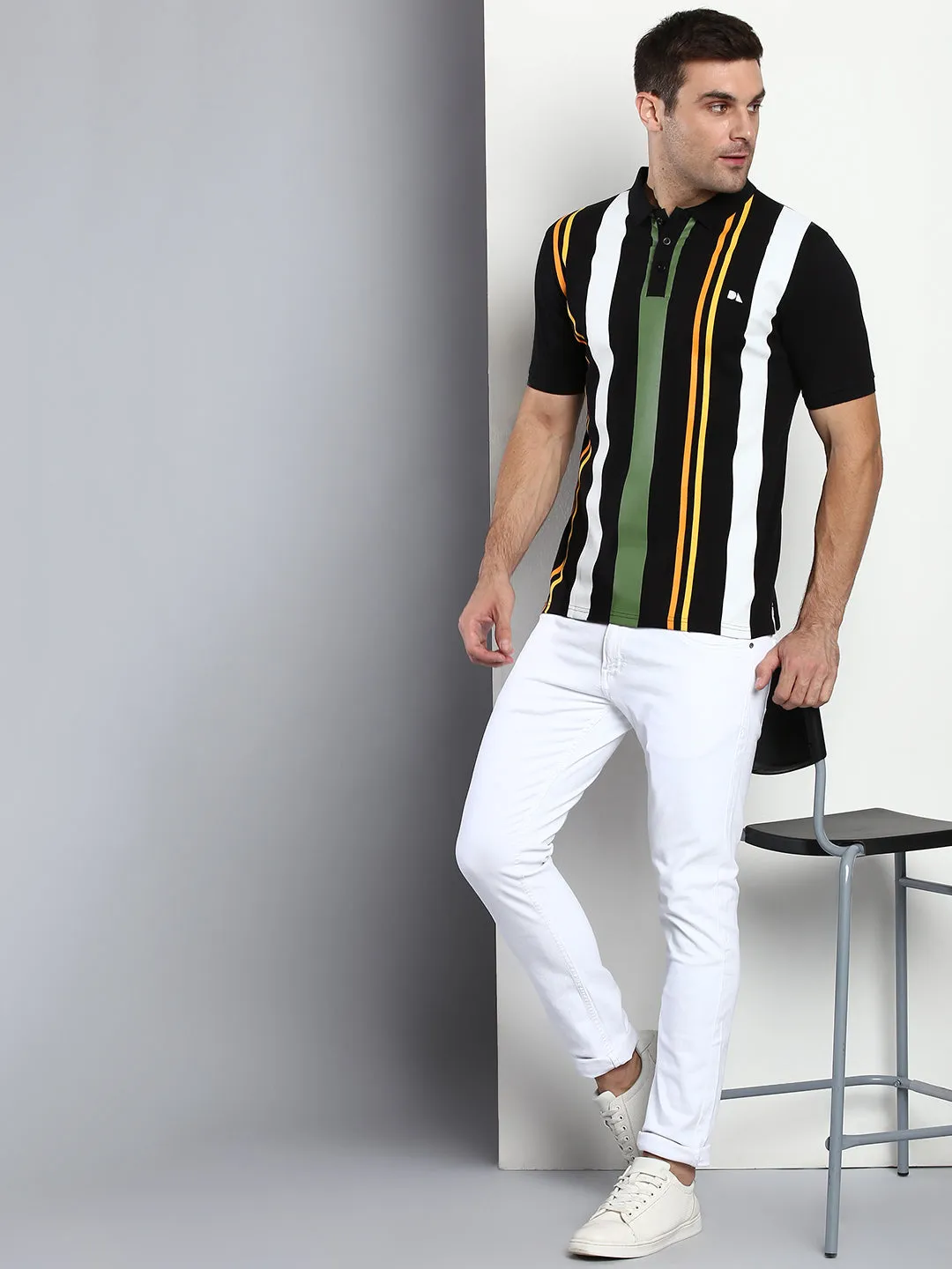 Men's Casual Slim Fit Polo Neck T-Shirt Half Sleeves Striped Pure Cotton T-Shirt