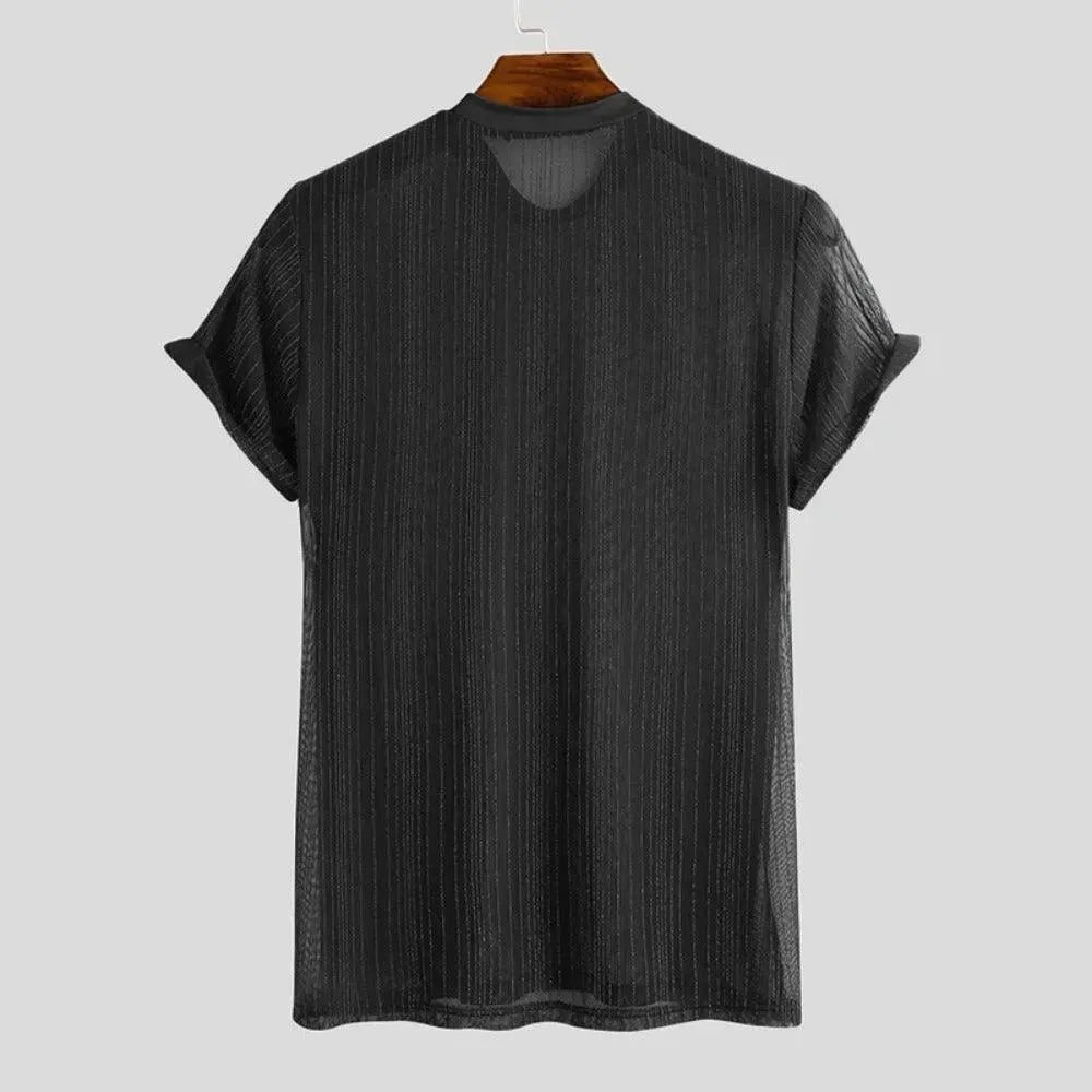 Mens Short Sleeve T Shirts - Dance Shirts Men Shiny Breathable Slim Fit See Through Nightclub Camiseta