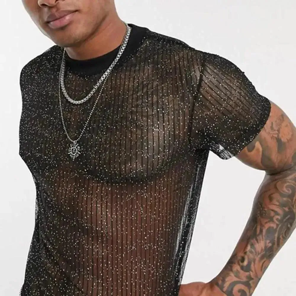 Mens Short Sleeve T Shirts - Dance Shirts Men Shiny Breathable Slim Fit See Through Nightclub Camiseta
