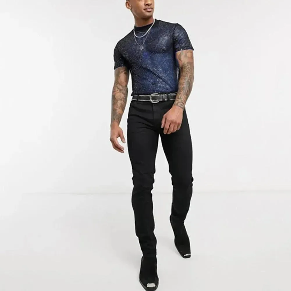 Mens Short Sleeve T Shirts - Dance Shirts Men Shiny Breathable Slim Fit See Through Nightclub Camiseta