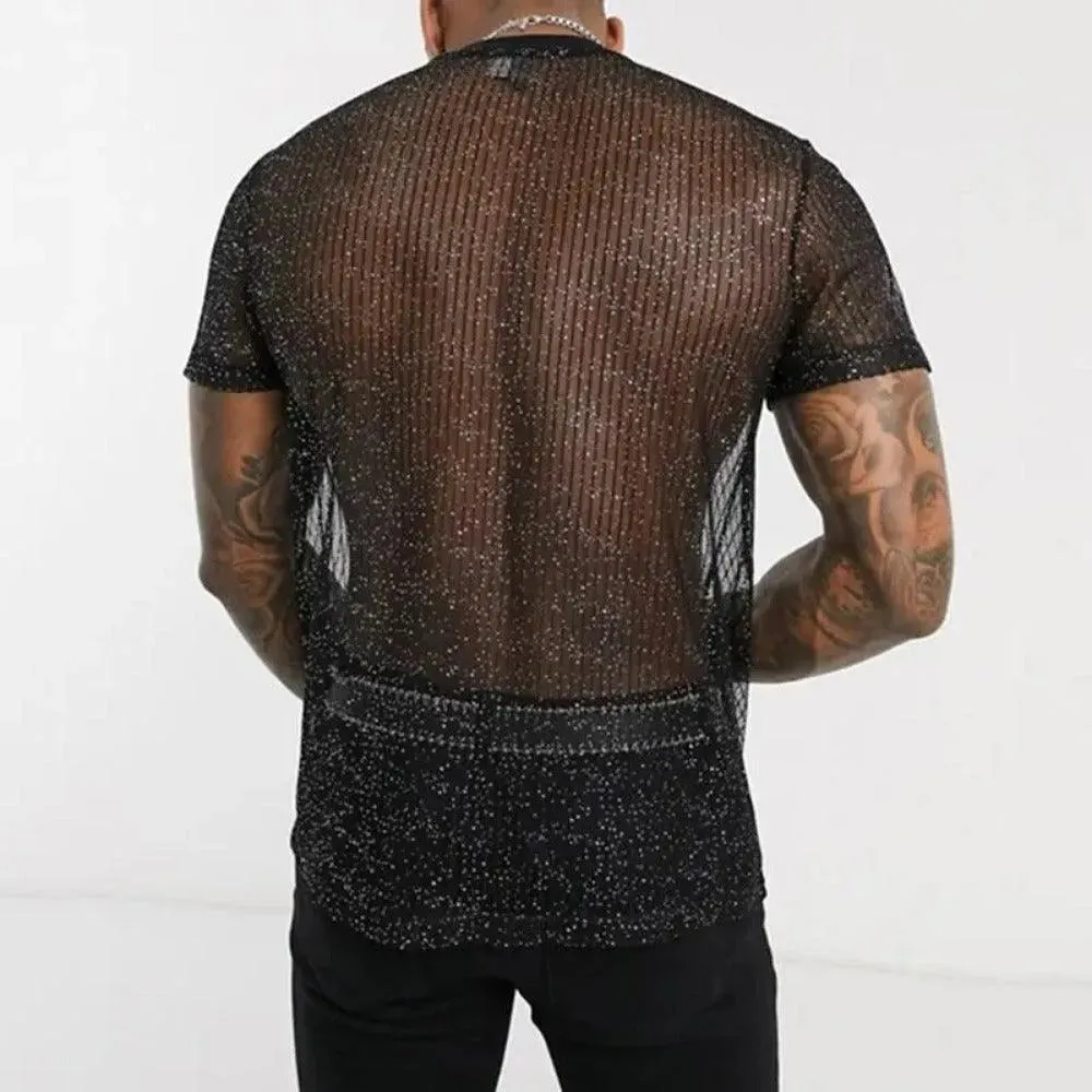 Mens Short Sleeve T Shirts - Dance Shirts Men Shiny Breathable Slim Fit See Through Nightclub Camiseta
