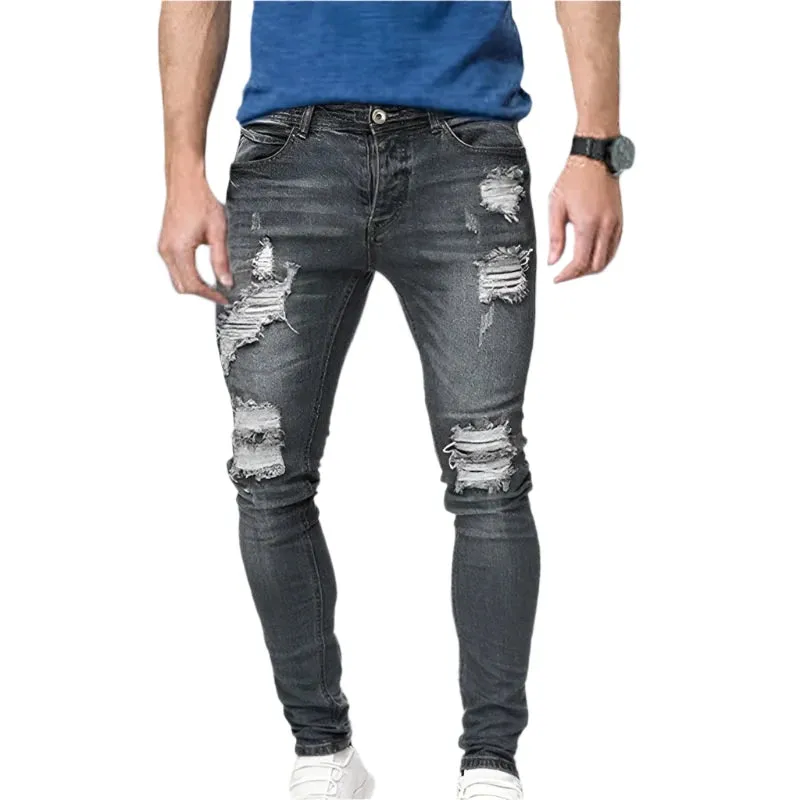Men's White Stretch Embroidered Skinny Jeans - Ripped Hip Hop Denim Pants, Slim Fit Oversize Style