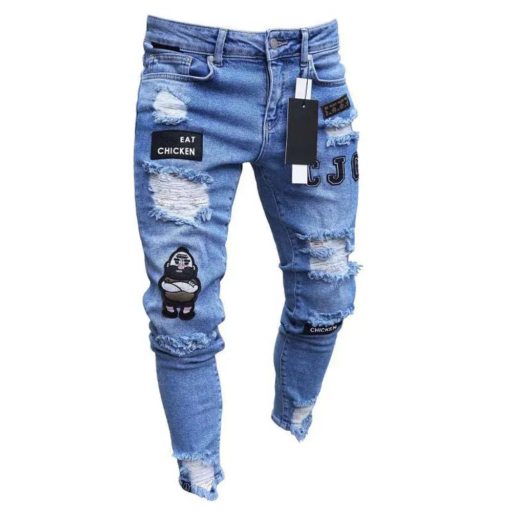 Men's White Stretch Embroidered Skinny Jeans - Ripped Hip Hop Denim Pants, Slim Fit Oversize Style