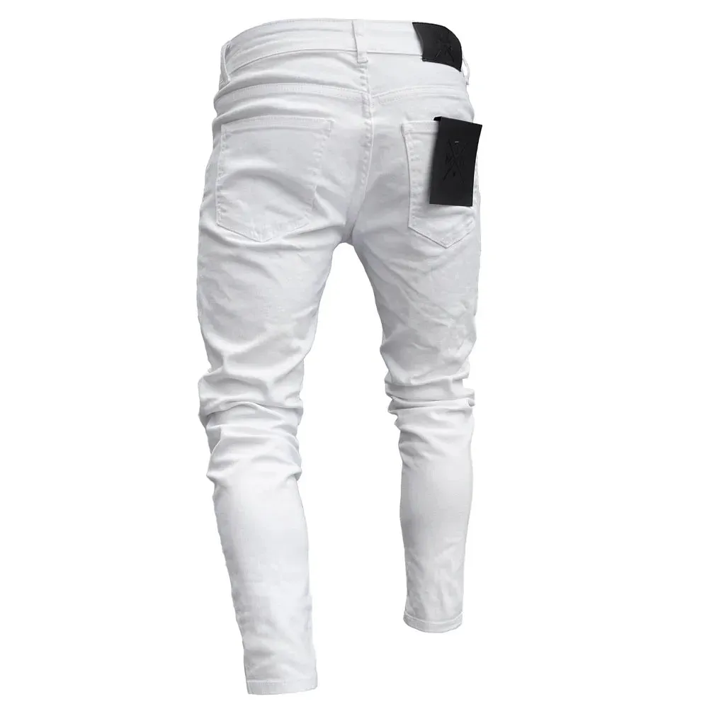 Men's White Stretch Embroidered Skinny Jeans - Ripped Hip Hop Denim Pants, Slim Fit Oversize Style