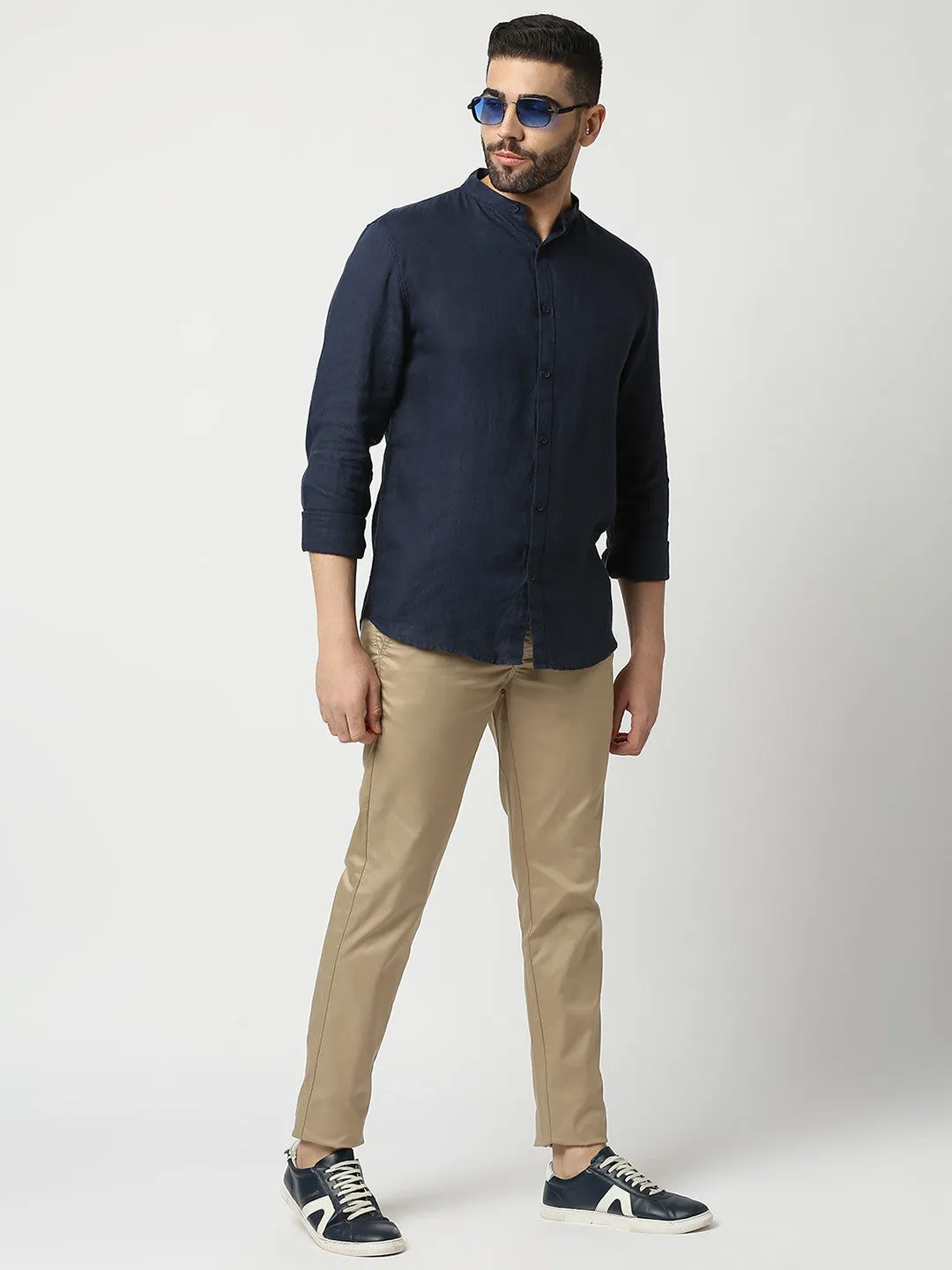 Navy Blue Pure Linen Shirt With Mandarin Collar