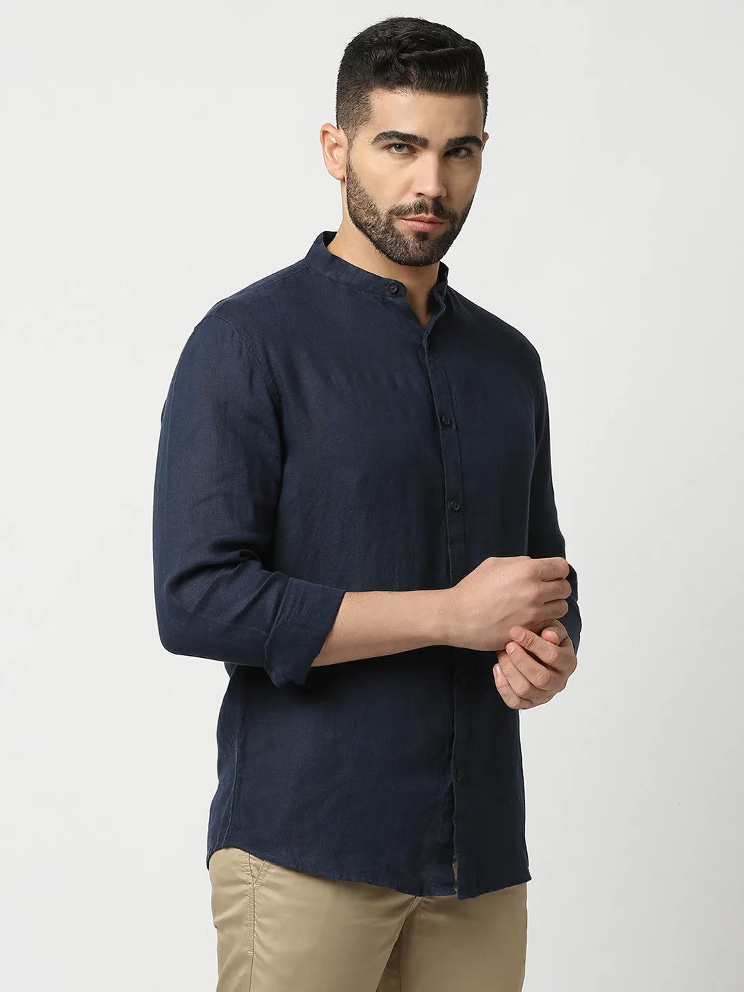 Navy Blue Pure Linen Shirt With Mandarin Collar