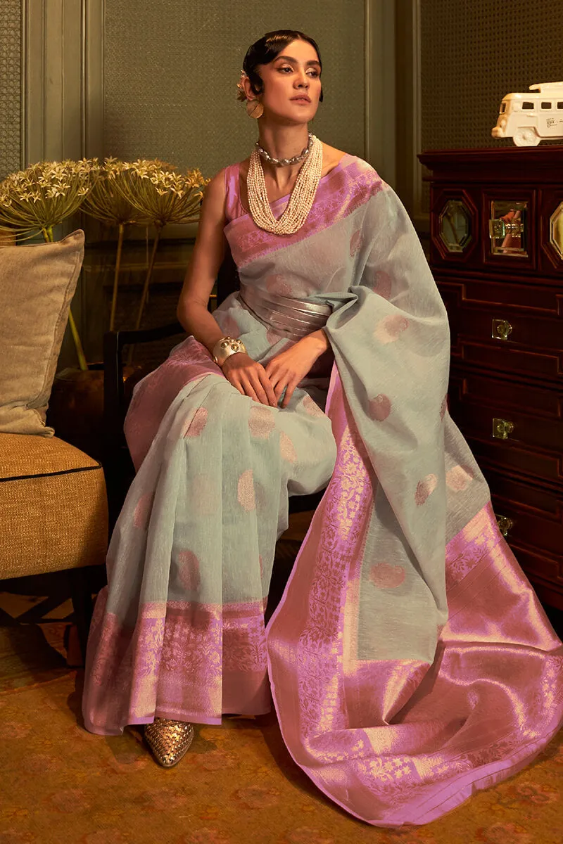 Ornate Grey Cotton Silk Saree With Enthralling Blouse Piece