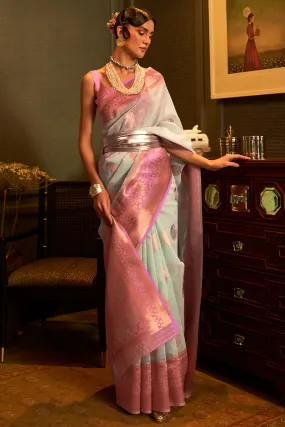 Ornate Grey Cotton Silk Saree With Enthralling Blouse Piece