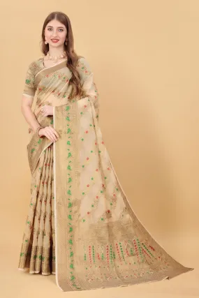 Pretty Beige Linen Silk With Sonorous Blouse Piece