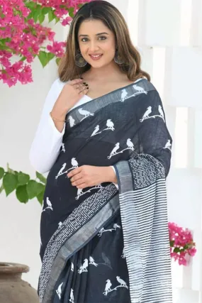 Resonant Black Cotton Silk Saree With Grandiose Blouse Piece
