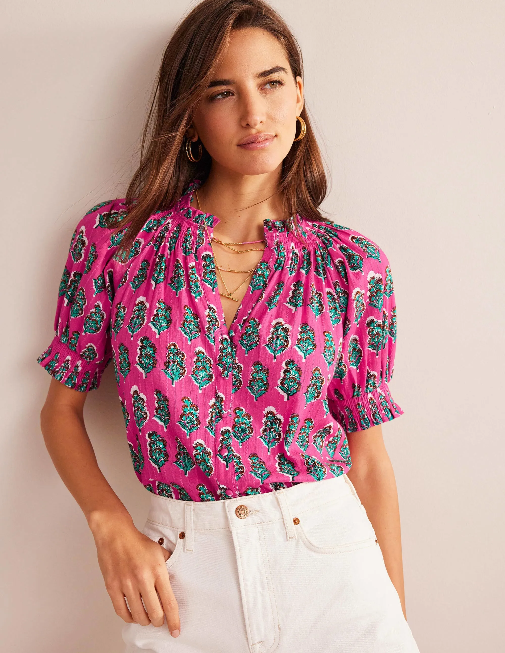 Smocking Detail Pretty Top-Festival Pink, Artisan Bloom
