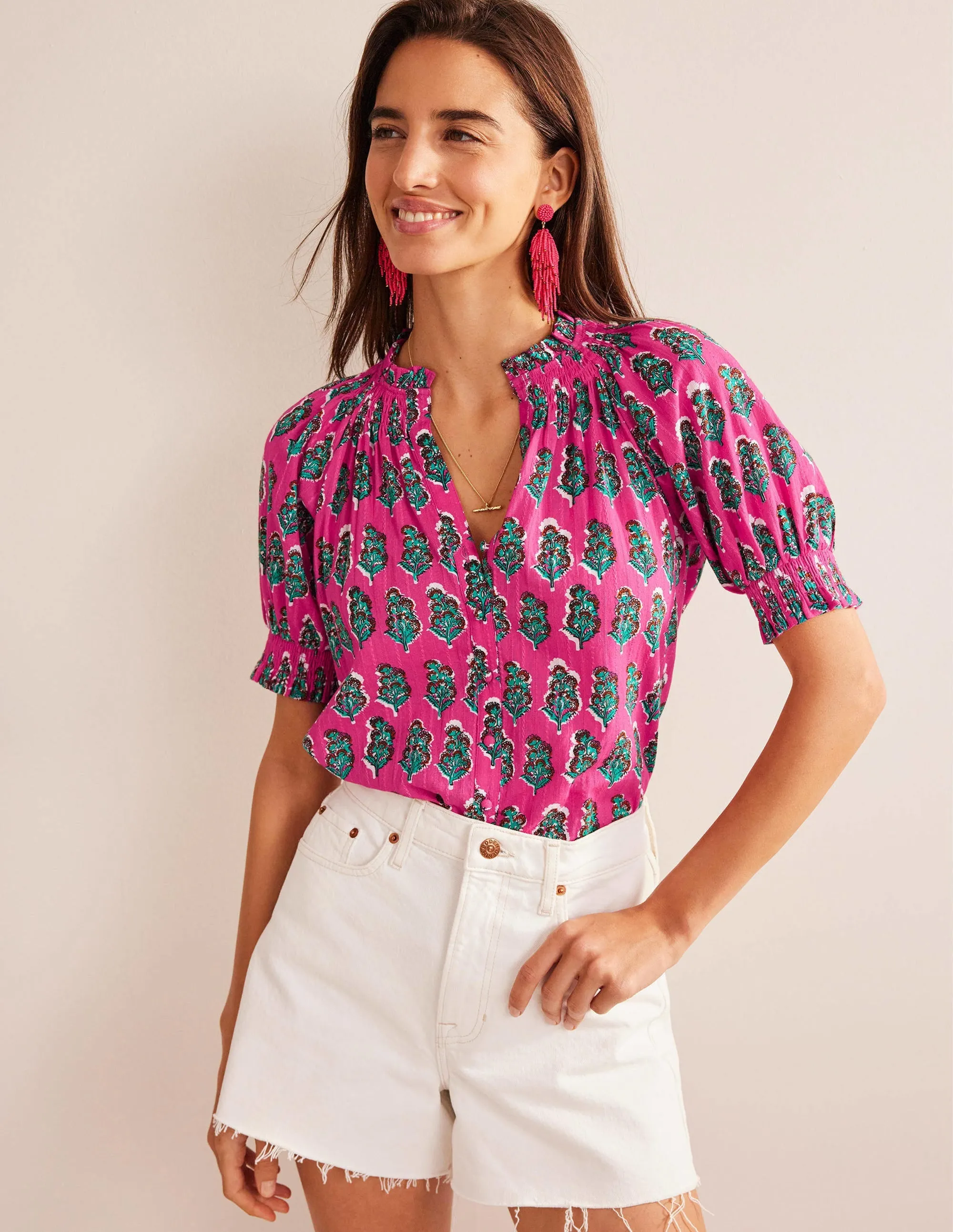 Smocking Detail Pretty Top-Festival Pink, Artisan Bloom