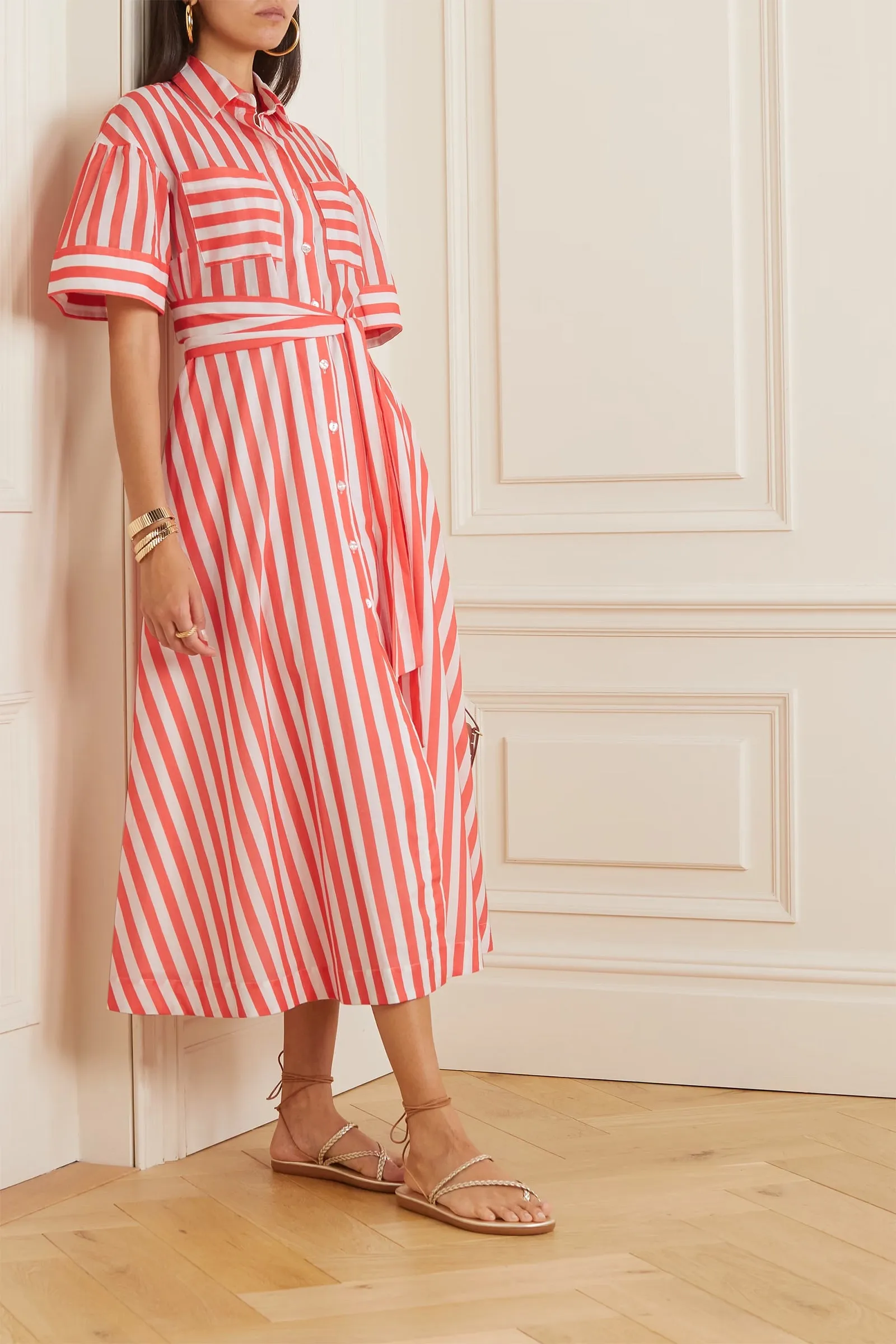 Sofia Belted Striped Cotton-Poplin Midi Shirt Dress