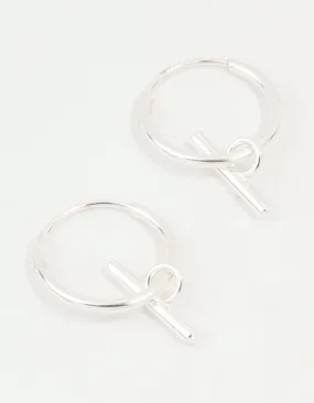 Sterling Silver Clean T Bar Drop Hoop Earrings
