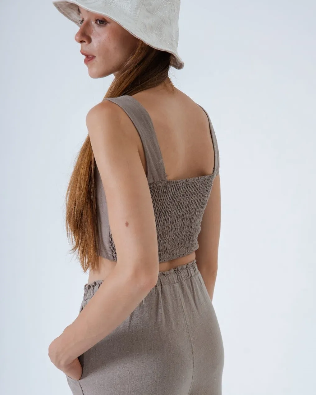 Sue Linen Padded Crop Top (Khaki Grey)