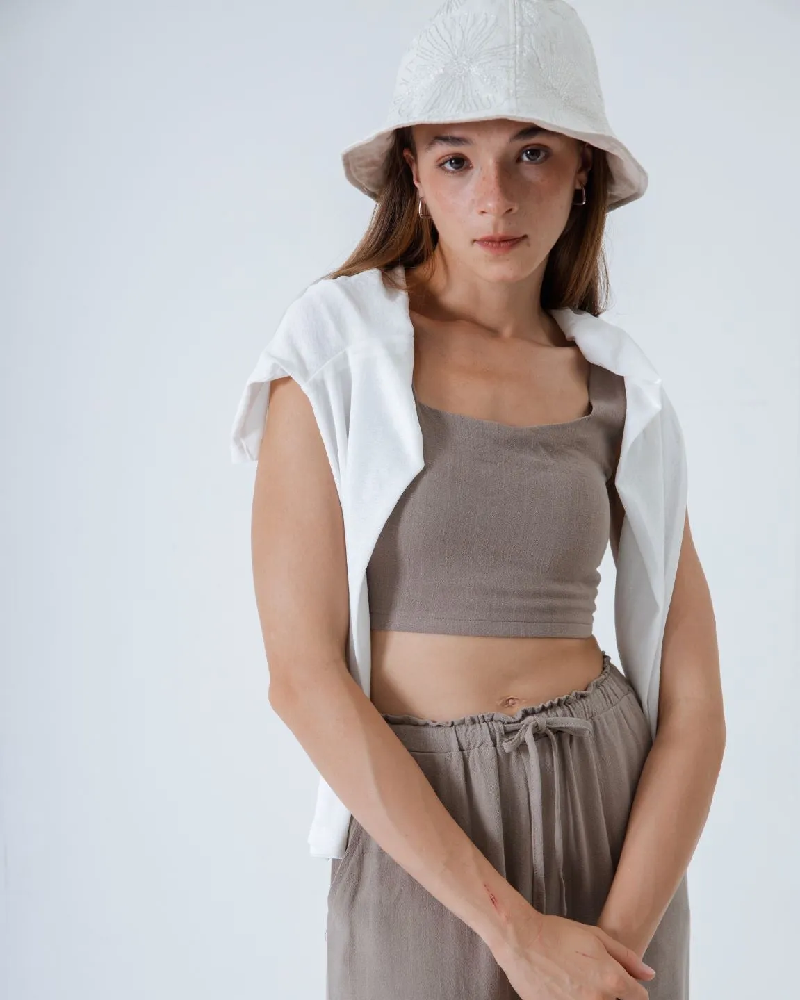 Sue Linen Padded Crop Top (Khaki Grey)