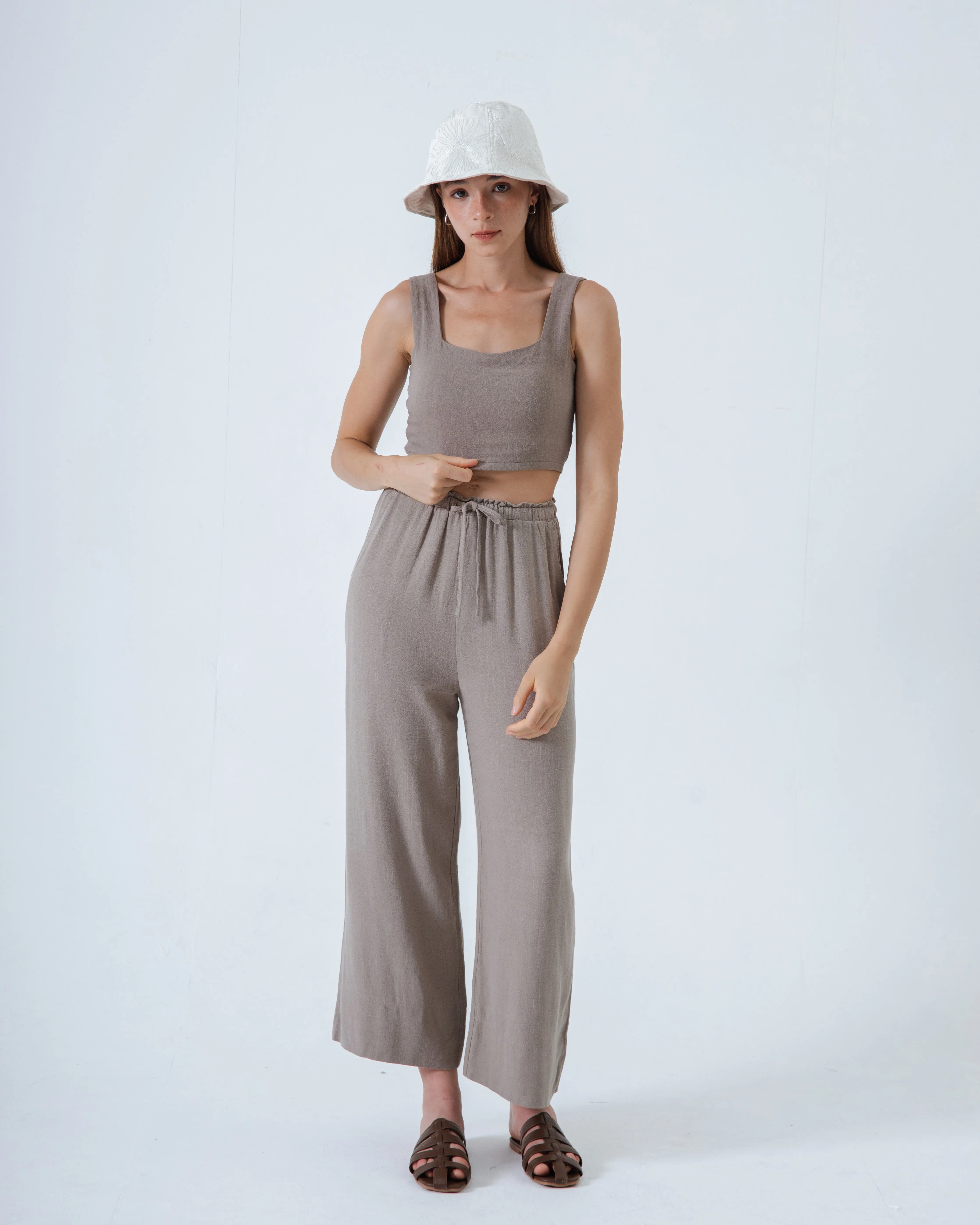 Sue Linen Padded Crop Top (Khaki Grey)